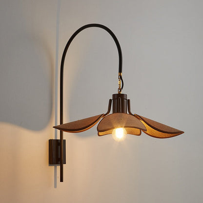 Modern Mid-Century Wood & Iron Curved Arm & Linen Leaf-Shaped Shade Wall Sconce Lamp 1-Light For Bedroom & Living Room