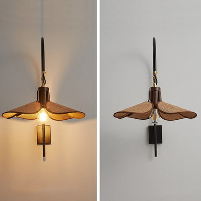Modern Mid-Century Wood & Iron Curved Arm & Linen Leaf-Shaped Shade Wall Sconce Lamp 1-Light For Bedroom & Living Room
