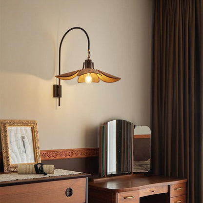 Modern Mid-Century Wood & Iron Curved Arm & Linen Leaf-Shaped Shade Wall Sconce Lamp 1-Light For Bedroom & Living Room