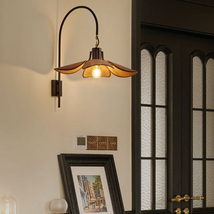 Modern Mid-Century Wood & Iron Curved Arm & Linen Leaf-Shaped Shade Wall Sconce Lamp 1-Light For Bedroom & Living Room