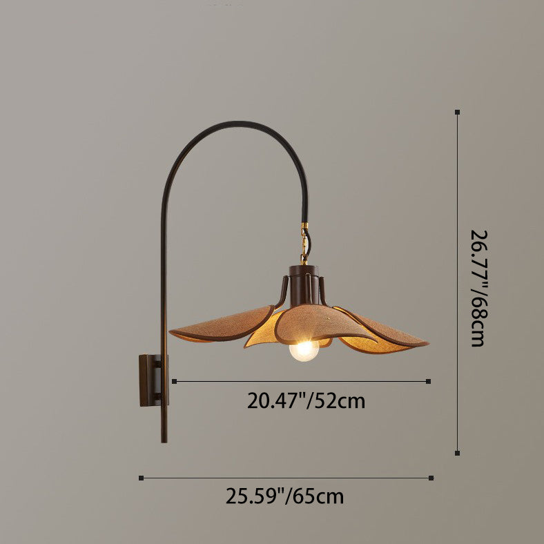 Modern Mid-Century Wood & Iron Curved Arm & Linen Leaf-Shaped Shade Wall Sconce Lamp 1-Light For Bedroom & Living Room