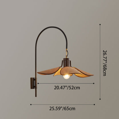 Modern Mid-Century Wood & Iron Curved Arm & Linen Leaf-Shaped Shade Wall Sconce Lamp 1-Light For Bedroom & Living Room