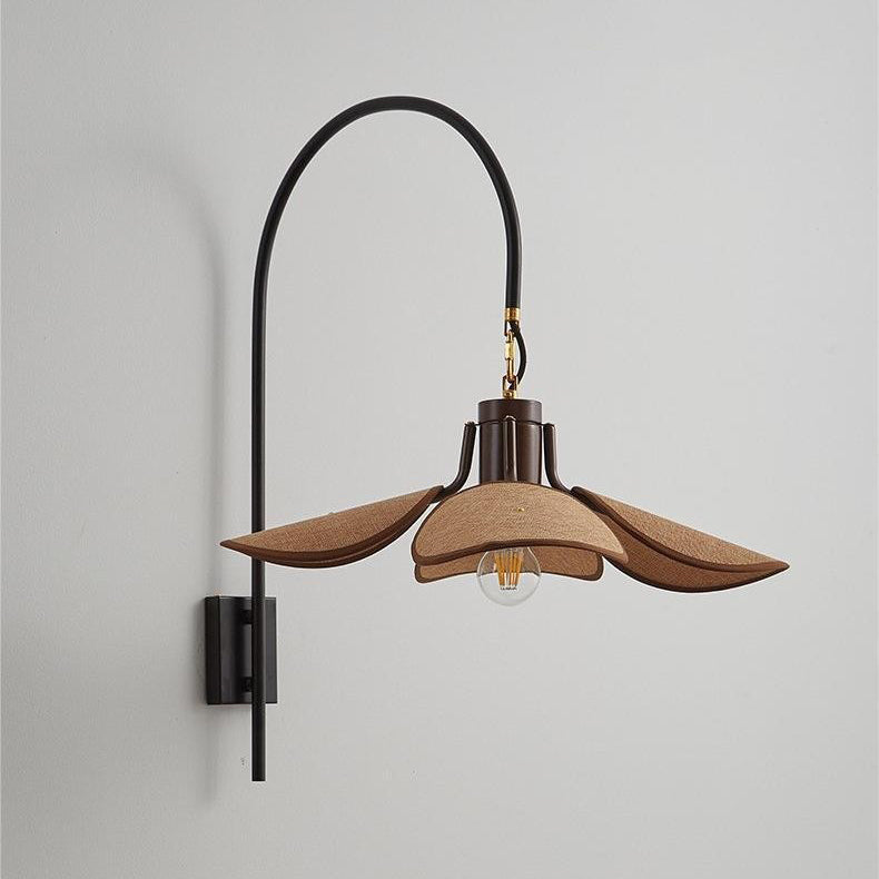 Modern Mid-Century Wood & Iron Curved Arm & Linen Leaf-Shaped Shade Wall Sconce Lamp 1-Light For Bedroom & Living Room