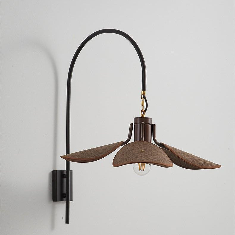 Modern Mid-Century Wood & Iron Curved Arm & Linen Leaf-Shaped Shade Wall Sconce Lamp 1-Light For Bedroom & Living Room