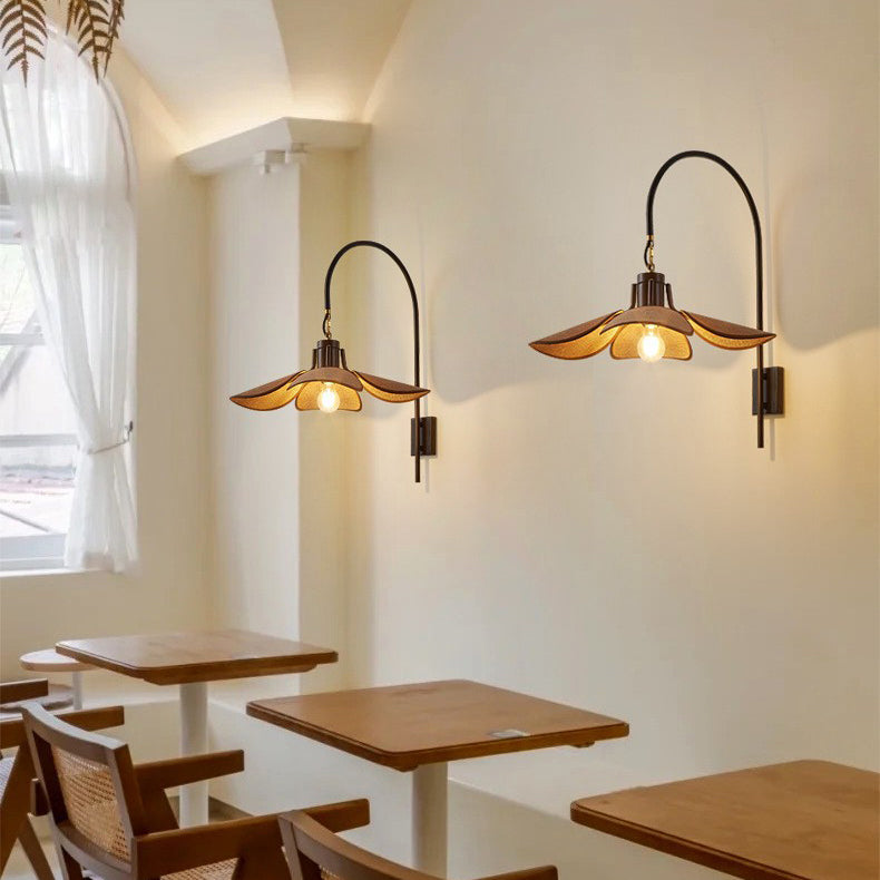 Modern Mid-Century Wood & Iron Curved Arm & Linen Leaf-Shaped Shade Wall Sconce Lamp 1-Light For Bedroom & Living Room