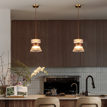 Traditional Vintage Wood, Glass & Brass Irregular Geometric Cylinder 1-Light Pendant Light For Bedroom & Living Room