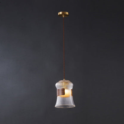 Traditional Vintage Wood, Glass & Brass Irregular Geometric Cylinder 1-Light Pendant Light For Bedroom & Living Room
