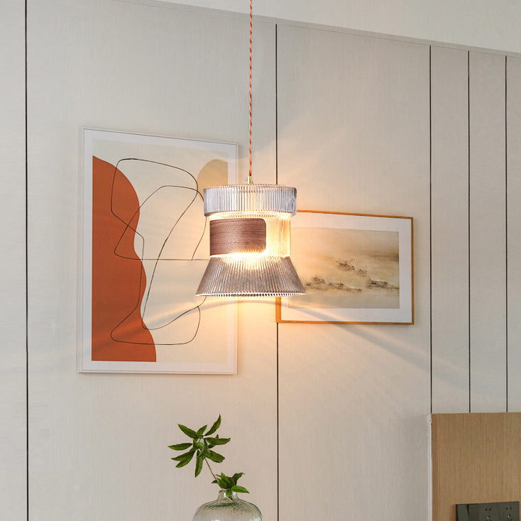 Traditional Vintage Wood, Glass & Brass Irregular Geometric Cylinder 1-Light Pendant Light For Bedroom & Living Room