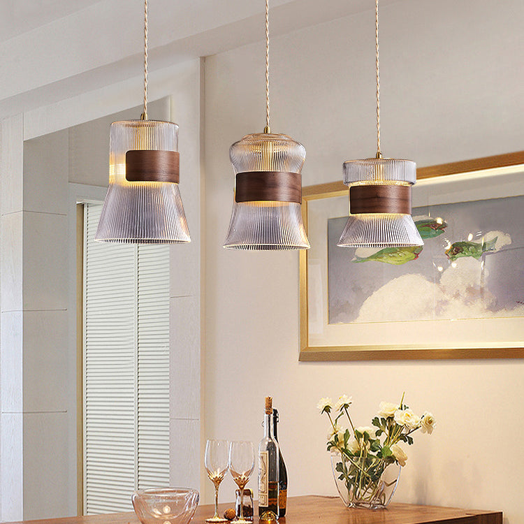 Traditional Vintage Wood, Glass & Brass Irregular Geometric Cylinder 1-Light Pendant Light For Bedroom & Living Room