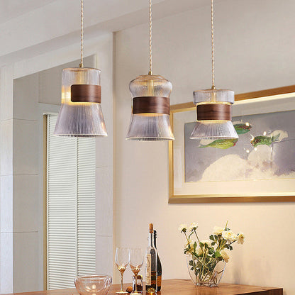 Traditional Vintage Wood, Glass & Brass Irregular Geometric Cylinder 1-Light Pendant Light For Bedroom & Living Room
