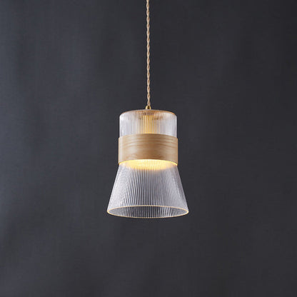 Traditional Vintage Wood, Glass & Brass Irregular Geometric Cylinder 1-Light Pendant Light For Bedroom & Living Room