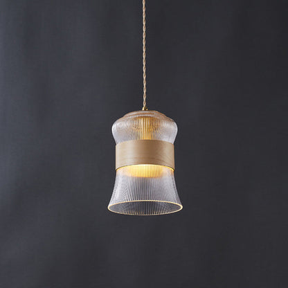 Traditional Vintage Wood, Glass & Brass Irregular Geometric Cylinder 1-Light Pendant Light For Bedroom & Living Room