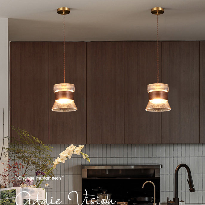 Traditional Vintage Wood, Glass & Brass Irregular Geometric Cylinder 1-Light Pendant Light For Bedroom & Living Room
