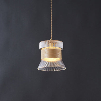 Traditional Vintage Wood, Glass & Brass Irregular Geometric Cylinder 1-Light Pendant Light For Bedroom & Living Room