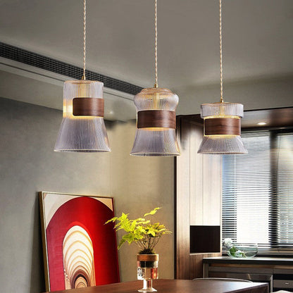 Traditional Vintage Wood, Glass & Brass Irregular Geometric Cylinder 1-Light Pendant Light For Bedroom & Living Room