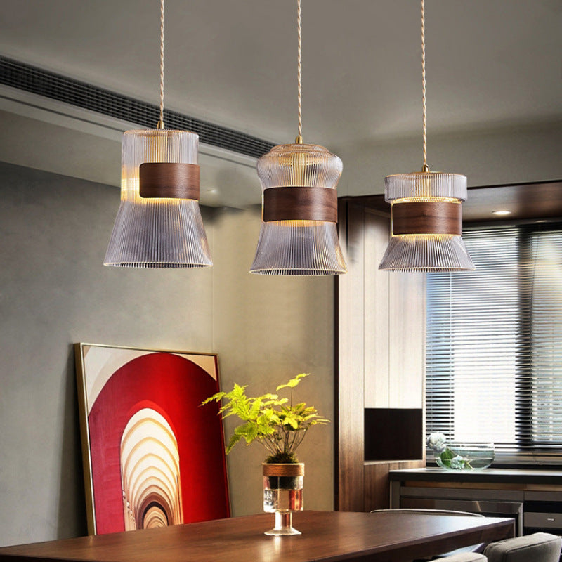 Traditional Vintage Wood, Glass & Brass Irregular Geometric Cylinder 1-Light Pendant Light For Bedroom & Living Room