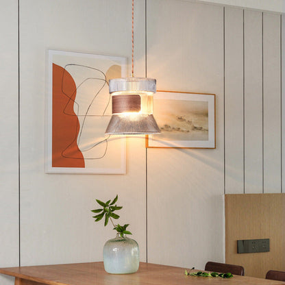 Traditional Vintage Wood, Glass & Brass Irregular Geometric Cylinder 1-Light Pendant Light For Bedroom & Living Room
