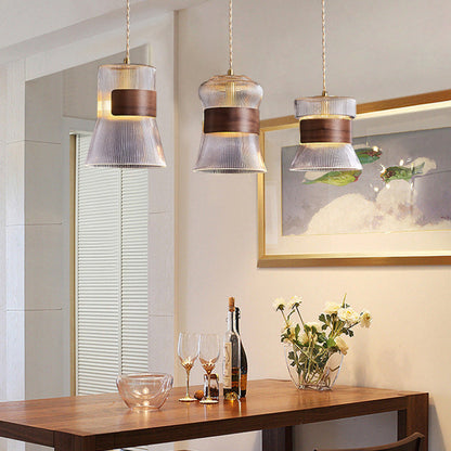 Traditional Vintage Wood, Glass & Brass Irregular Geometric Cylinder 1-Light Pendant Light For Bedroom & Living Room