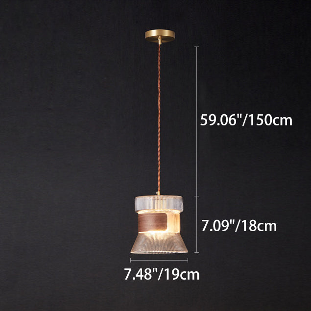 Traditional Vintage Wood, Glass & Brass Irregular Geometric Cylinder 1-Light Pendant Light For Bedroom & Living Room