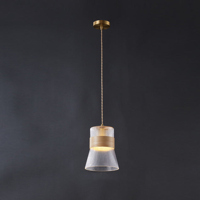 Traditional Vintage Wood, Glass & Brass Irregular Geometric Cylinder 1-Light Pendant Light For Bedroom & Living Room