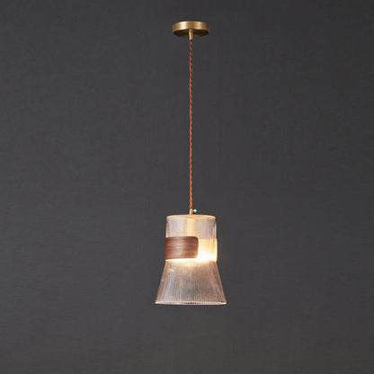 Traditional Vintage Wood, Glass & Brass Irregular Geometric Cylinder 1-Light Pendant Light For Bedroom & Living Room