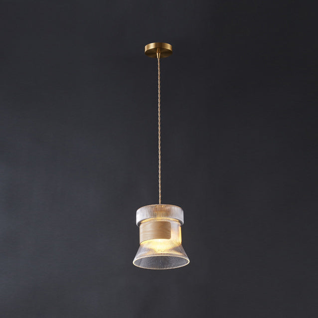 Traditional Vintage Wood, Glass & Brass Irregular Geometric Cylinder 1-Light Pendant Light For Bedroom & Living Room