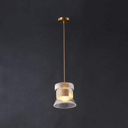 Traditional Vintage Wood, Glass & Brass Irregular Geometric Cylinder 1-Light Pendant Light For Bedroom & Living Room