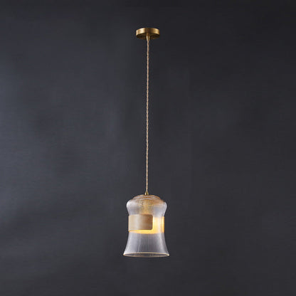 Traditional Vintage Wood, Glass & Brass Irregular Geometric Cylinder 1-Light Pendant Light For Bedroom & Living Room