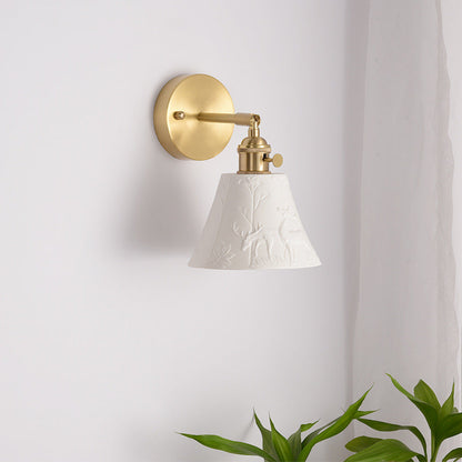 Modern Mid-Century Brass & Ceramic Round Elk-Print 1-Light Wall Sconce Lamp For Bedroom & Living Room