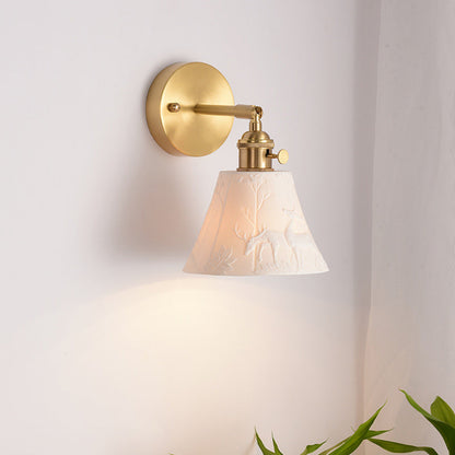 Modern Mid-Century Brass & Ceramic Round Elk-Print 1-Light Wall Sconce Lamp For Bedroom & Living Room