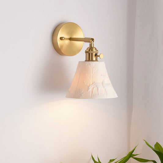 Modern Mid-Century Brass & Ceramic Round Elk-Print 1-Light Wall Sconce Lamp For Bedroom & Living Room