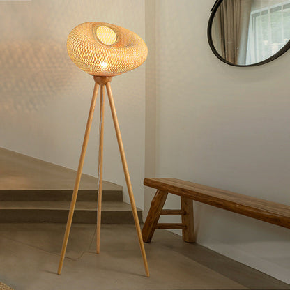 Traditional Japanese Bamboo & Wood Tripod Base Irregular Round 1-Light Standing Floor Lamp For Bedroom & Living Room
