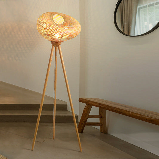 Traditional Japanese Bamboo & Wood Tripod Base Irregular Round 1-Light Standing Floor Lamp For Bedroom & Living Room