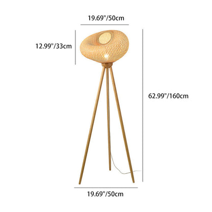 Traditional Japanese Bamboo & Wood Tripod Base Irregular Round 1-Light Standing Floor Lamp For Bedroom & Living Room