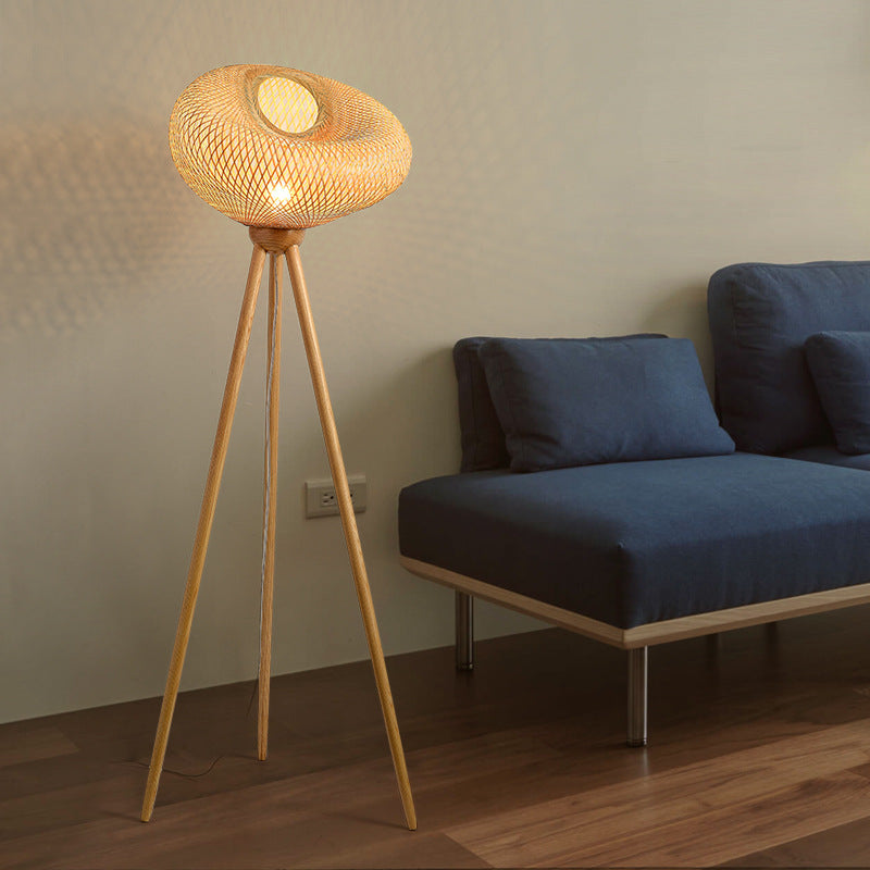 Traditional Japanese Bamboo & Wood Tripod Base Irregular Round 1-Light Standing Floor Lamp For Bedroom & Living Room