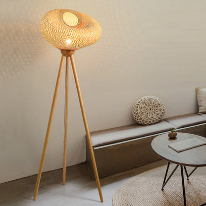Traditional Japanese Bamboo & Wood Tripod Base Irregular Round 1-Light Standing Floor Lamp For Bedroom & Living Room