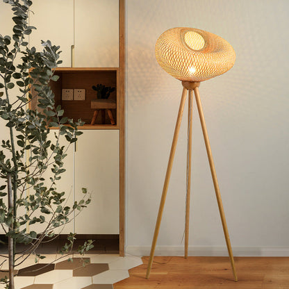 Traditional Japanese Bamboo & Wood Tripod Base Irregular Round 1-Light Standing Floor Lamp For Bedroom & Living Room