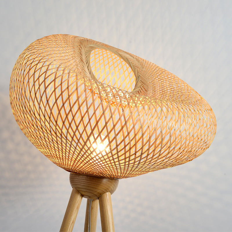 Traditional Japanese Bamboo & Wood Tripod Base Irregular Round 1-Light Standing Floor Lamp For Bedroom & Living Room