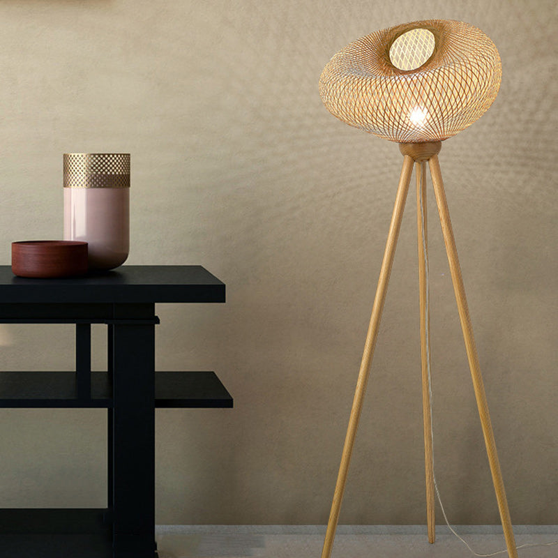 Traditional Japanese Bamboo & Wood Tripod Base Irregular Round 1-Light Standing Floor Lamp For Bedroom & Living Room