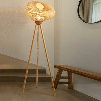 Traditional Japanese Bamboo & Wood Tripod Base Irregular Round 1-Light Standing Floor Lamp For Bedroom & Living Room
