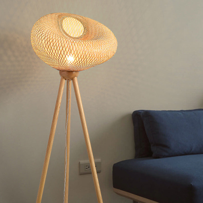 Traditional Japanese Bamboo & Wood Tripod Base Irregular Round 1-Light Standing Floor Lamp For Bedroom & Living Room