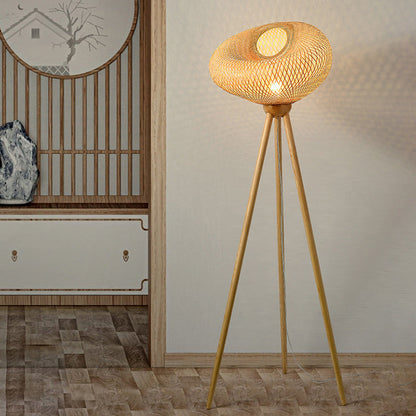 Traditional Japanese Bamboo & Wood Tripod Base Irregular Round 1-Light Standing Floor Lamp For Bedroom & Living Room