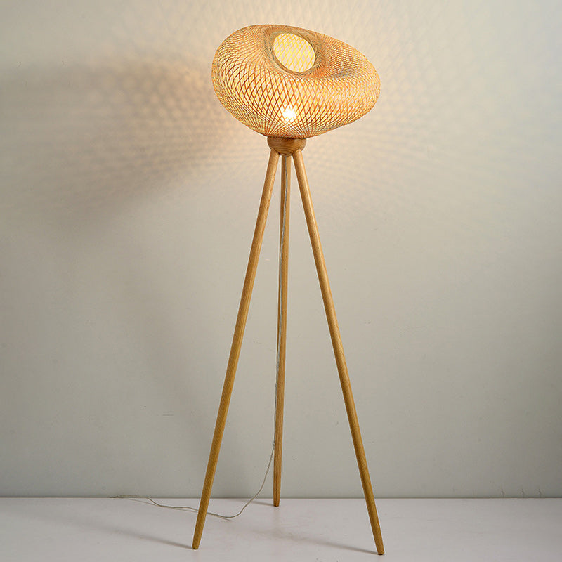 Traditional Japanese Bamboo & Wood Tripod Base Irregular Round 1-Light Standing Floor Lamp For Bedroom & Living Room