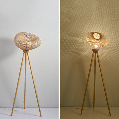 Traditional Japanese Bamboo & Wood Tripod Base Irregular Round 1-Light Standing Floor Lamp For Bedroom & Living Room
