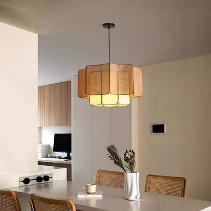 Traditional Chinese Rattan, Iron & Fabric Round & Rectangular 1-Light Pendant Light For Dining Room & Living Room