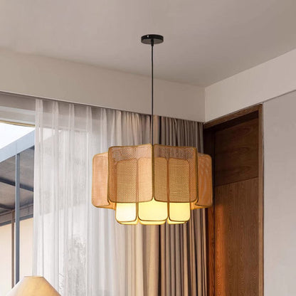 Traditional Chinese Rattan, Iron & Fabric Round & Rectangular 1-Light Pendant Light For Dining Room & Living Room