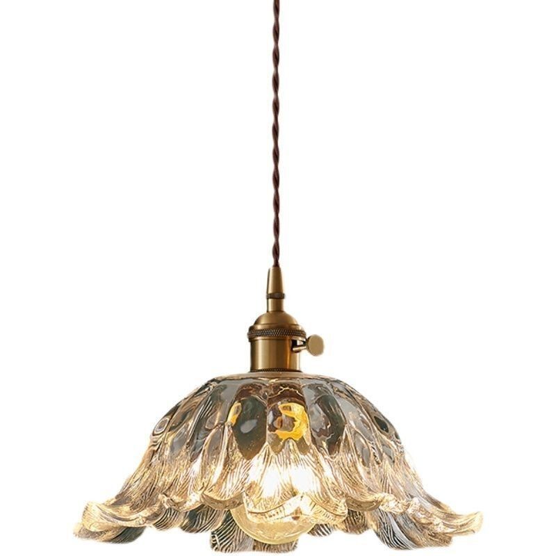 Traditional Vintage Glass & Wood Flower-Shaped 1-Light Pendant Light For Bedroom & Living Room