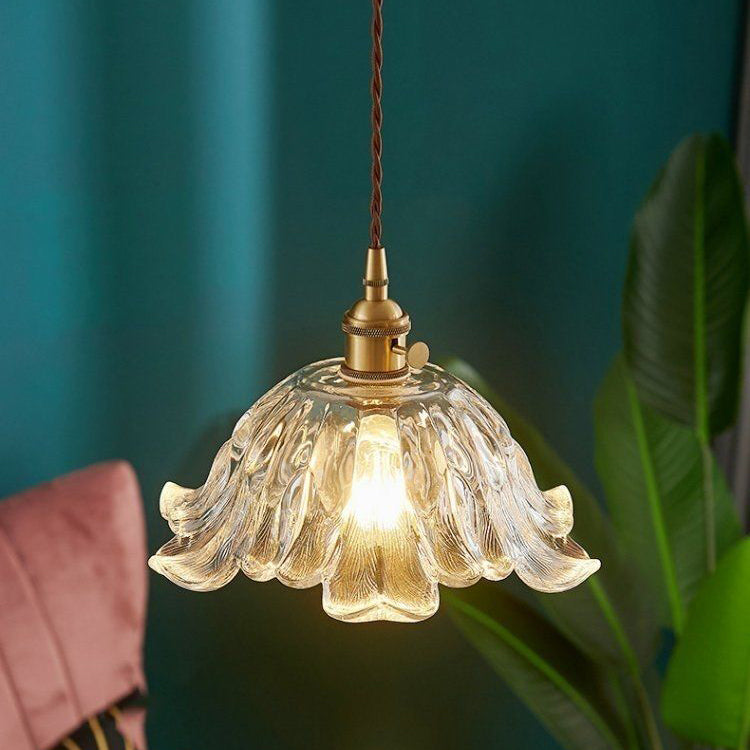 Traditional Vintage Glass & Wood Flower-Shaped 1-Light Pendant Light For Bedroom & Living Room