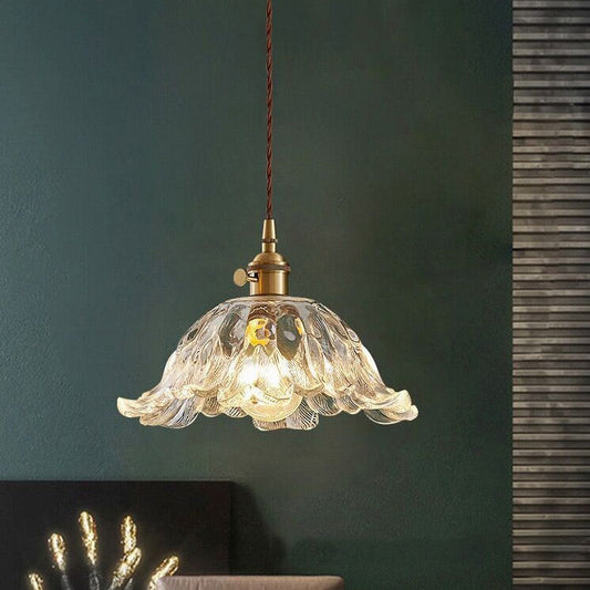 Traditional Vintage Glass & Wood Flower-Shaped 1-Light Pendant Light For Bedroom & Living Room
