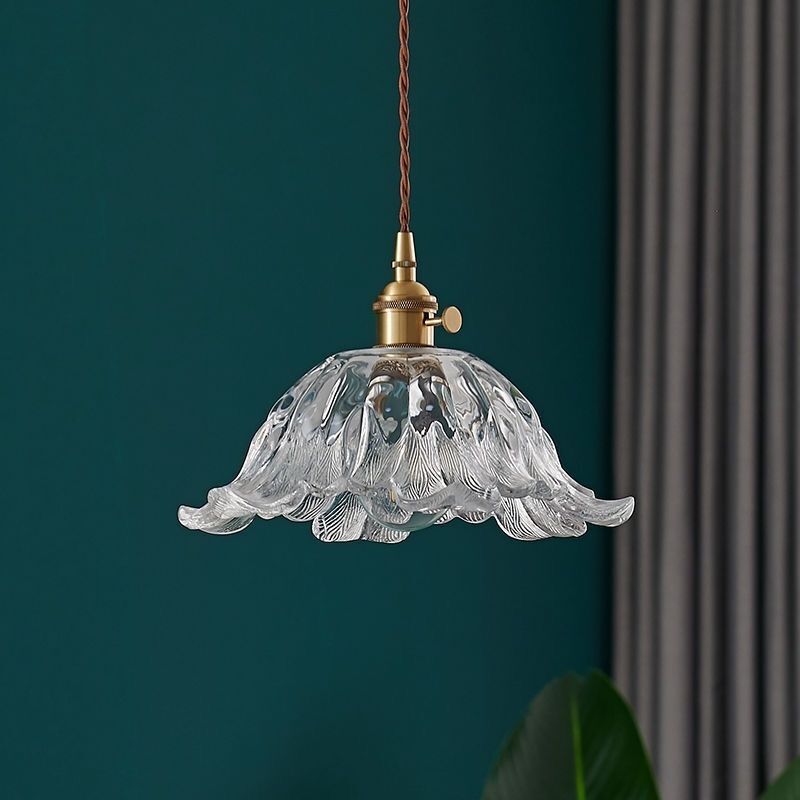 Traditional Vintage Glass & Wood Flower-Shaped 1-Light Pendant Light For Bedroom & Living Room